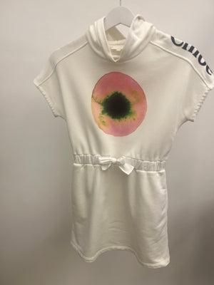 Chloé Kids White Hooded Dress with Pink Eye and Black Logo Print Size 10 years