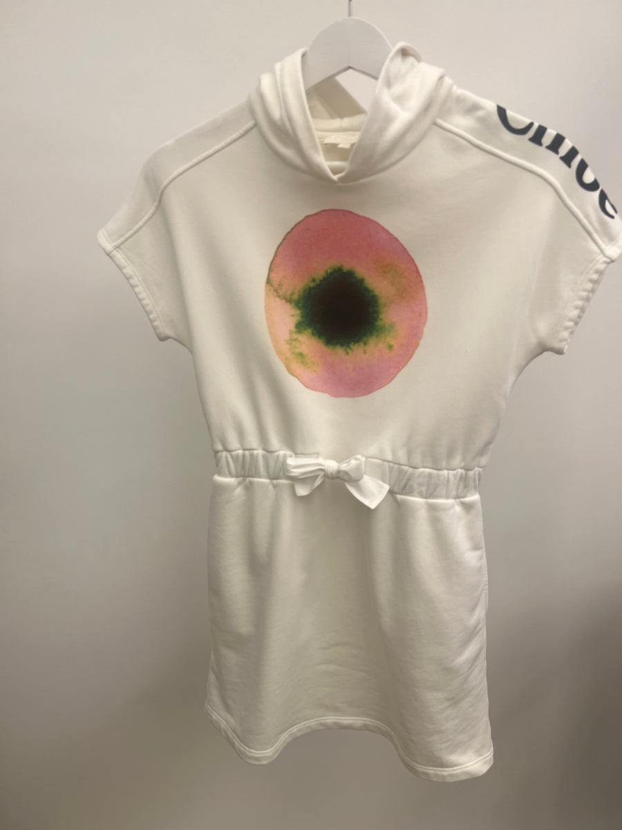 Chloé Kids White Hooded Dress with Pink Eye and Black Logo Print Size 10 years