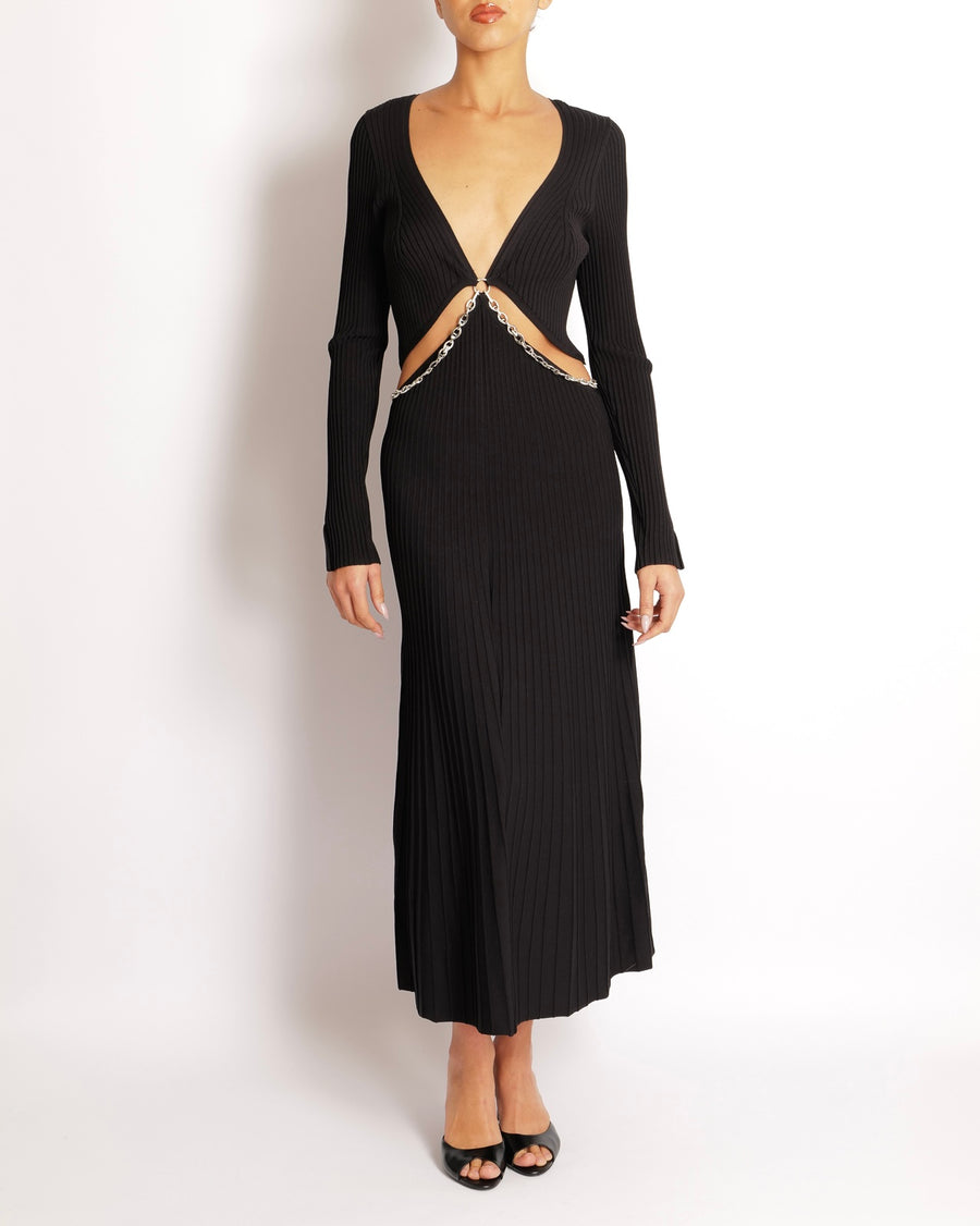 Jonathan Simkhai Black Ribbed Maxi Dress with Front Cut-Out and Crystal Embellished Silver Chain Detail Size M (UK 10)