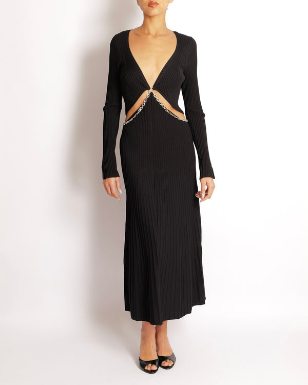 Jonathan Simkhai Black Ribbed Maxi Dress with Front Cut-Out and Crystal Embellished Silver Chain Detail Size M (UK 10)