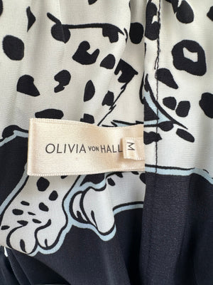Olivia Von Halle Black & White Leopard Pattern Two-Piece Shirt and Trouser Set Size M (UK 10)