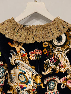 Dolce & Gabbana Navy Velours Long-Sleeved Mini Dress with Baroque Fantasy Prints with Gold Collar and Trim Size IT 40 (UK 8)