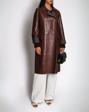 Yves Salomon Long Double-Breasted Coat in Merlot Lambskin Leather with Brown Tortoiseshell Buttons Size FR 42 (UK 14) RRP £2,880