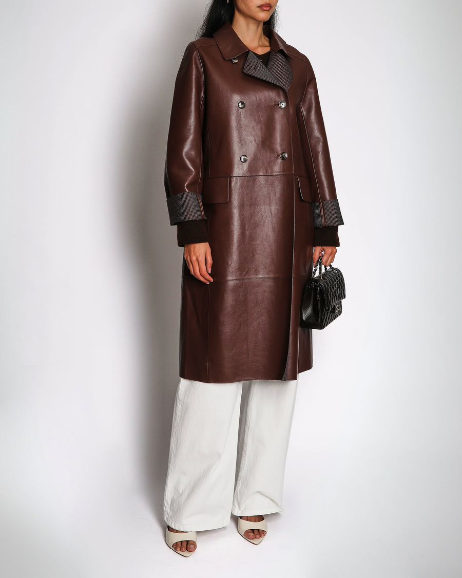 Yves Salomon Long Double-Breasted Coat in Merlot Lambskin Leather with Brown Tortoiseshell Buttons Size FR 42 (UK 14) RRP £2,880