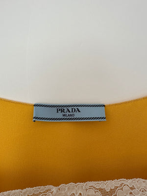 Prada Yellow Satin Mini Slip Dress with White Lace Insert and Black Prada Logo Size IT 38 (UK 6)