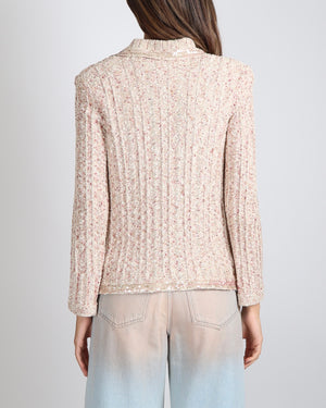 Chanel Spring 2006 Beige, Gold and Pink Knit Cardigan with Sequin Embellishments and Crystal CC Logo Button Size FR 40 (UK 12)