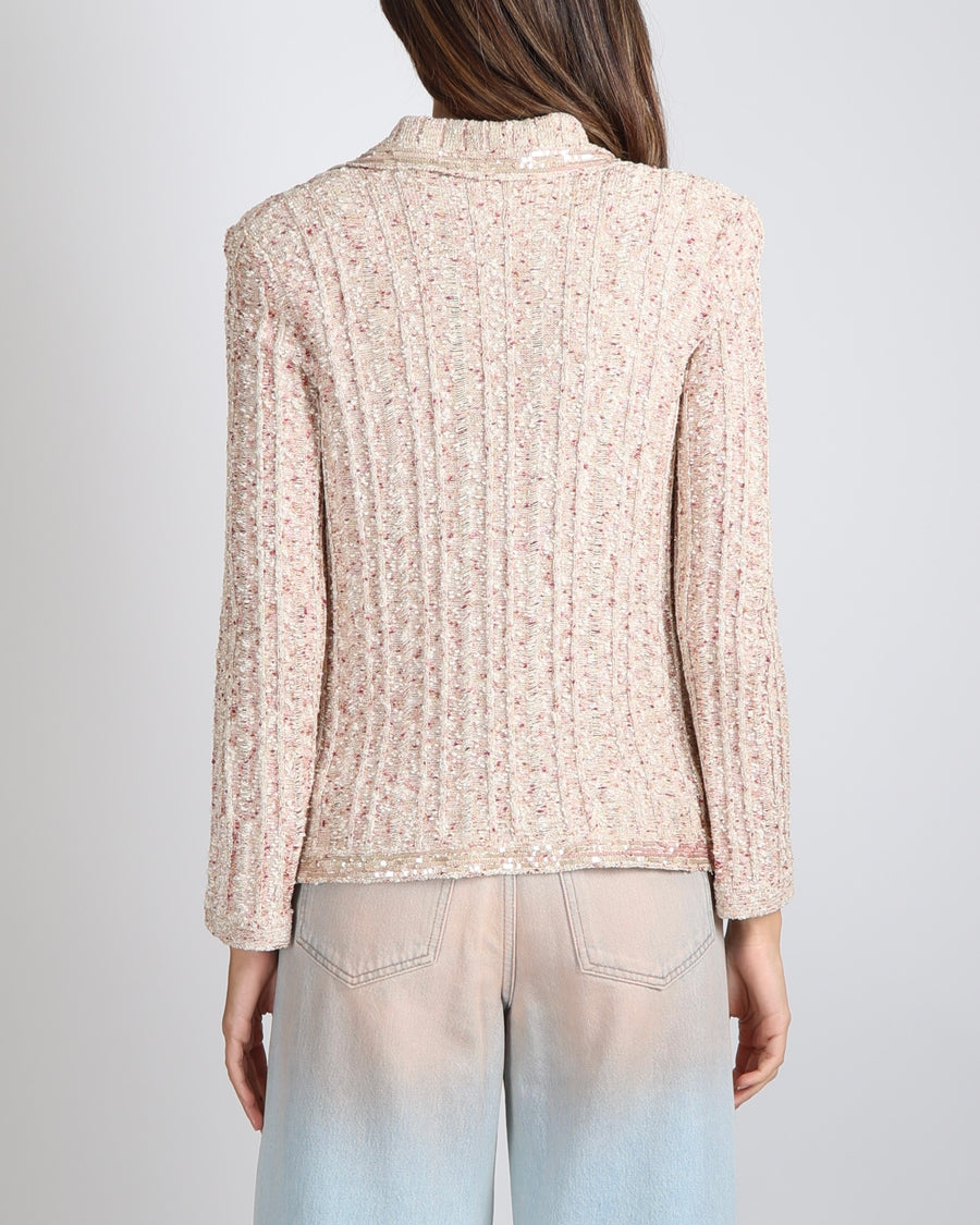 Chanel Spring 2006 Beige, Gold and Pink Knit Cardigan with Sequin Embellishments and Crystal CC Logo Button Size FR 40 (UK 12)