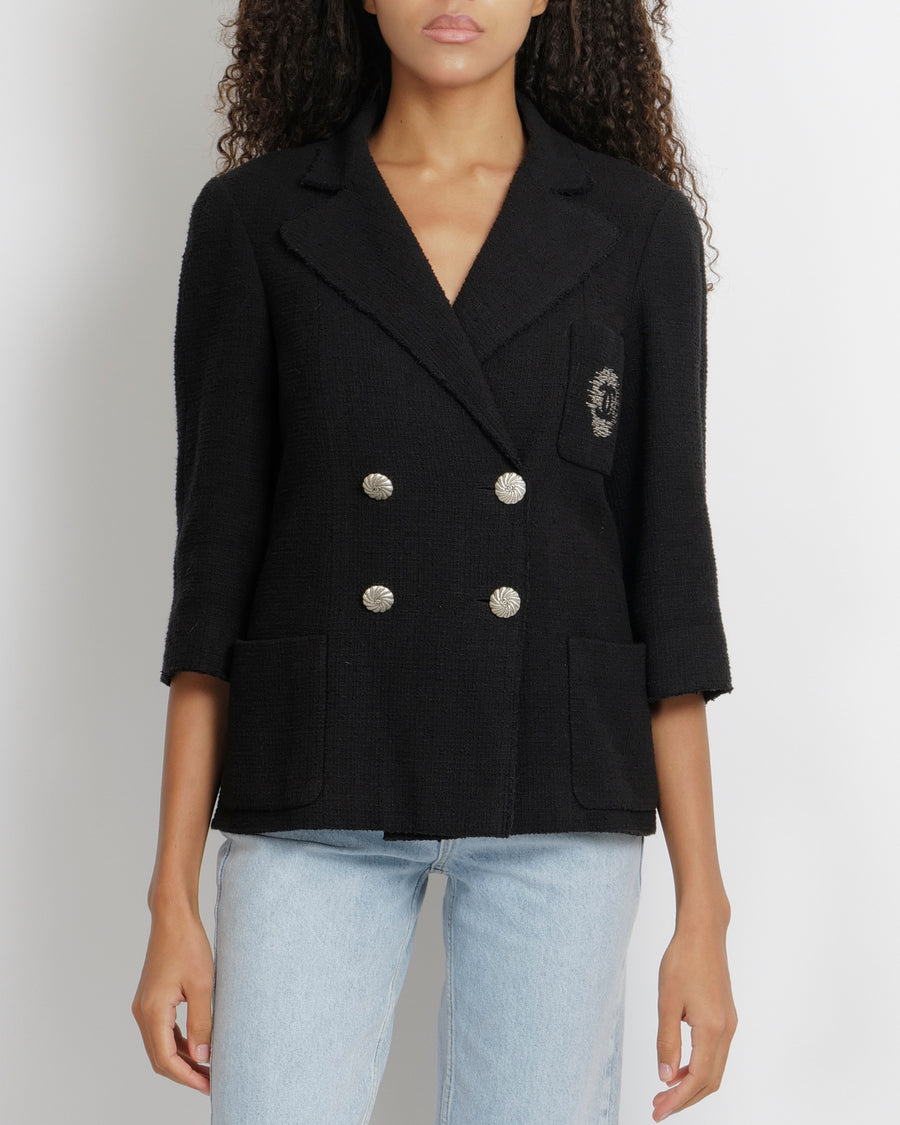 Chanel 12P Black Tweed Double-Breasted Jacket with Silver Front Pocket Patch CC Logo Embroidery and Silver Textured CC Logo Buttons Size FR 38 (UK 10)