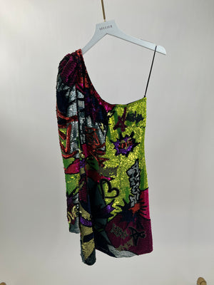 Amen Black, Pink and Green Sequin Pattern One Shoulder Mini Dress Size IT 42 (UK 10)