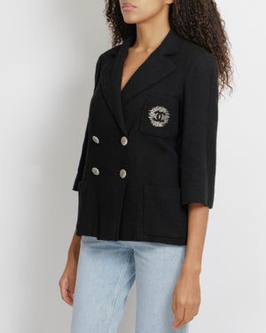 Chanel 12P Black Tweed Double-Breasted Jacket with Silver Front Pocket Patch CC Logo Embroidery and Silver Textured CC Logo Buttons Size FR 38 (UK 10)