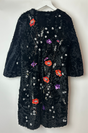 Valentino Black Shearling Long Sleeve Coat with Floral Sequin Embellishments IT 40 (UK 8)