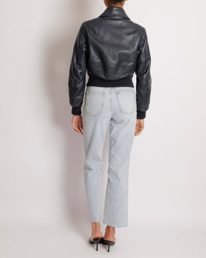 Bottega Veneta Navy Calfskin Leather Jacket with Silver Zipper and Knitted Details Size FR 36 (UK 8) RRP £5,000