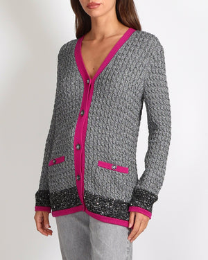 Chanel Fall 2021 Silver Metallic Knit Cardigan with Pink Trim and CC Crystal Buttons Size FR 34 (UK 6)