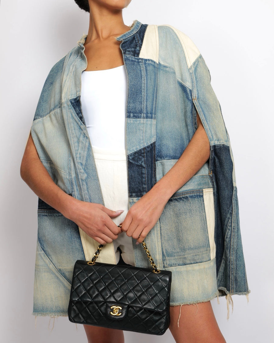 Saint Laurent Blue Denim Patchwork Sleeveless Jacket with Frayed Hem Detail Size XS (UK 6)