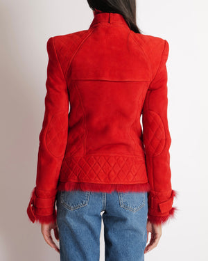 Balmain Red Lambskin Suede Jacket with Quilted Details and Fur Lining with Gold Buttons and Buckle Details Size FR 38 (UK 10) RRP £4,900