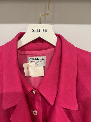 Chanel 95P Vintage Barbie Pink Linen Mini Dress and Cropped Jacket Set with Gold CC Logo Buttons Size FR 38 (UK 10)