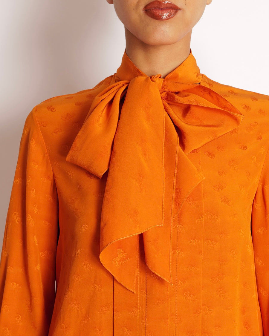 Chloe Orange Silk Printed Shirt with Neck-Tie Detail Size FR 34 (UK 6)