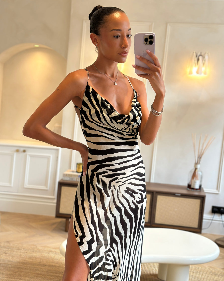 Rat & Boa Black Zebra Print Maxi Dress with Split Detail Size S (UK 8)