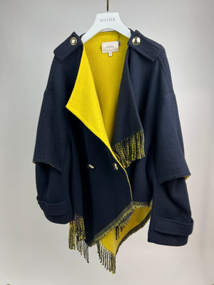 Dorothee Schumacher Navy and Yellow Long Sleeve Cape Style Coat with Champagne gold Buttons Size 2/S (UK 8)