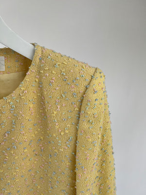 Yves Saint Laurent Pastel Yellow, Pink and Blue Tweed Jacket and Skirt Set Detail Size FR 36 (UK 8)
