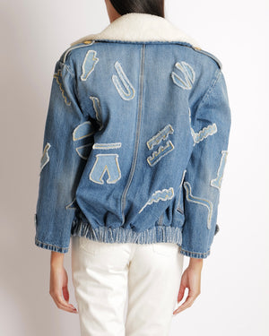 Chanel Métiers d’Art 2019 Blue Denim Jacket with Faux Fur Lining and Patchwork Details with Gold Cat CC Logo Buttons Size FR 34 (UK 6)