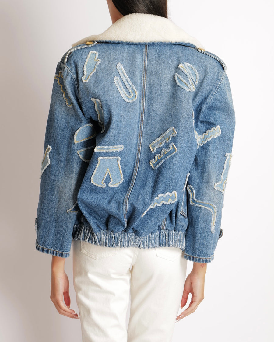 Chanel Métiers d’Art 2019 Blue Denim Jacket with Faux Fur Lining and Patchwork Details with Gold Cat CC Logo Buttons Size FR 34 (UK 6)