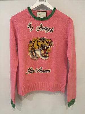 Gucci Pink L'Aveugle Par Amour Tiger Wool Knit Long Sleeve Jumper Size M (UK 10)
