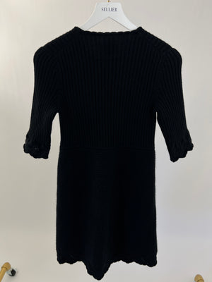 Chanel Black Cashmere Short-Sleeve Dress with Silver Logo Size FR