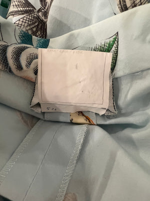 Chanel Vintage 96P Light Blue Sleeveless Mini Dress with Camelia, Bow and Pearl Prints with Silver CC Logo Front Zipper Detail Size FR 40 (UK 12)