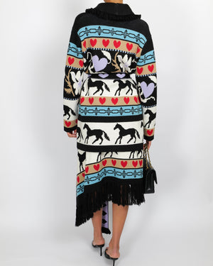 Hayley Menzies Black and Multi-Colour Wool Knitted Belted Cardigan and Midi Skirt Set with Horse, Flower and Heart Designs and Fringed Trims Detail Size S/L (UK 8/12)