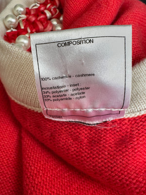 Chanel 10P Red Knitted Long Sleeve Cardigan with Pearls & Cream Braided Trim Details FR 36 (UK 8)