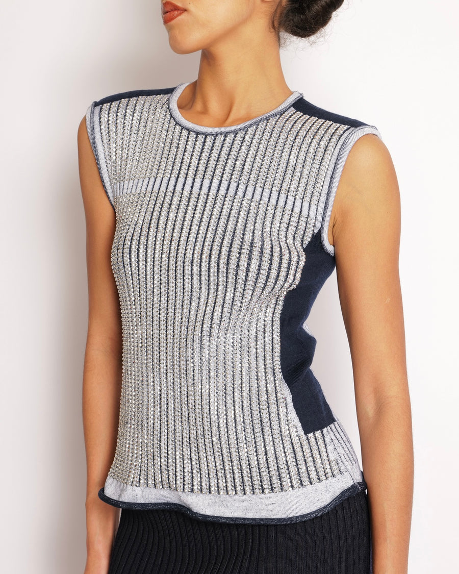 Louis Vuitton Navy and White Knit Crystal Embellished Top and Skirt Set Size S/L (UK 8/12)