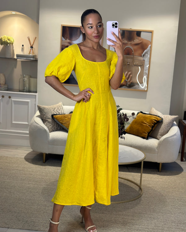 Three Graces Yellow Linen Puff Sleeve Maxi Dress Size UK 6