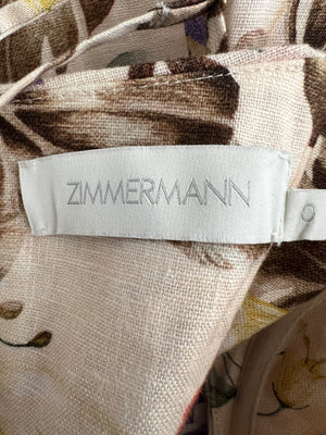 Zimmermann Beige, Brown and Blue Floral Linen Maxi Dress with Cut Out and Bow Detail Size 0 (UK 8)