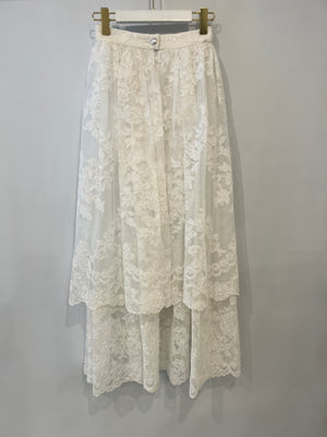 Chanel Resort 2023 White Tiered Lace Maxi Skirt with White Pearl and Crystal CC Logo Button Detail Size FR 34 (UK 6)