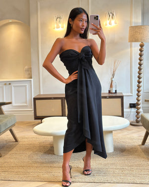 Mugler Black Asymmetrical Hem Corseted Strapless Dress With Tie Front Detail Size FR 38 (UK 10)