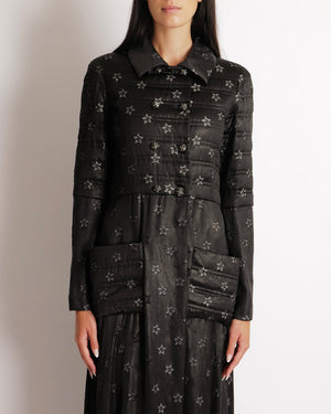 Chanel Cruise 2024 Black Shimmery Coat Dress with CC Logo Stars Embellishments and Black and Silver Crystal CC Logo Buttons Size FR 36 (UK 8)