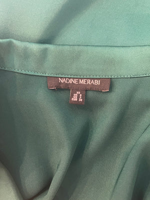Nadine Merabi Green Satin Top and Trousers Set with Feather Trim Detail and Crystal Buttons Size UK 6/8