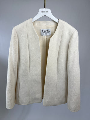 Chanel White Boucle Jacket with Long Sleeves and Silver Logo Buttons on the Sleeves Size FR 36 (UK 8)