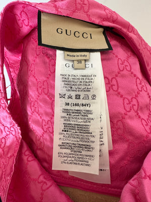 Gucci Pink Silk Monogram Top Shorts Set with Beige Logo Elasticated Detail Size IT 38 (UK 6)