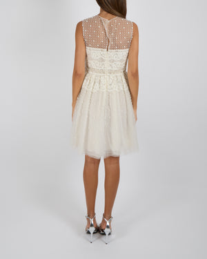 Valentino Spring 2012 Couture White Tulle Sleeveless Mini Dress with White Bead Embellishments and Lace Details Size IT 42 (UK 10)