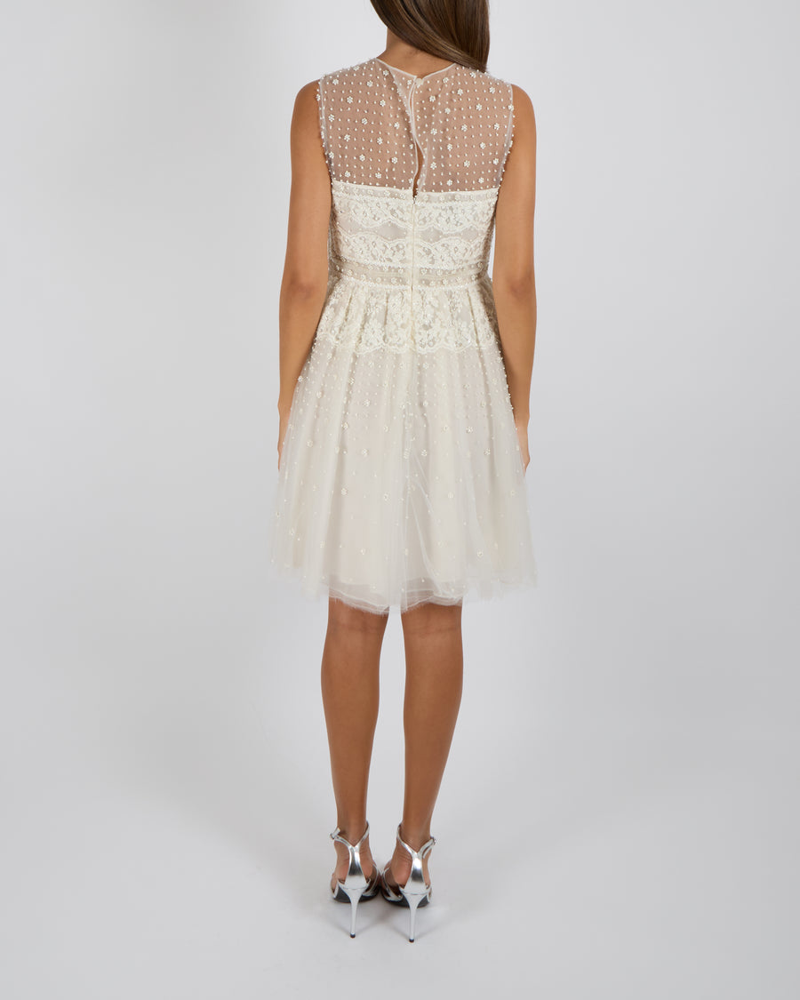 Valentino Spring 2012 Couture White Tulle Sleeveless Mini Dress with White Bead Embellishments and Lace Details Size IT 42 (UK 10)