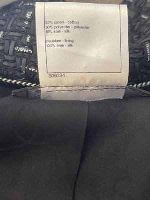 Chanel Paris Versailles Black Tweed All-Over Logo Ribbon Jacket with Silver Embellished Buttons Size FR 42 (UK 14)