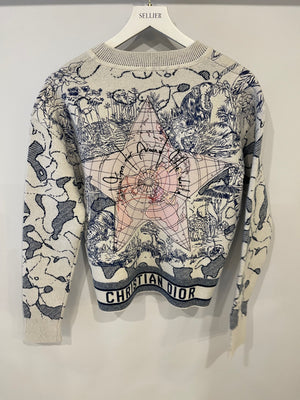 Christian Dior Blue and White Around the World Cashmere Jumper with Embroidery and Logo Band Size FR 36 (UK 8)