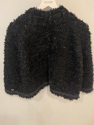 Chanel 16A Black Wool Textured Cape Jacket with Ribbon and CC Logo Detail Size FR 38/40 (UK 10/12)
