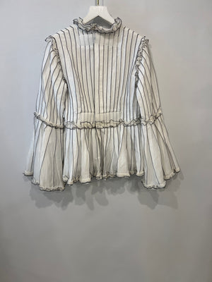Chanel Spring 2017 White Silk Striped Ruffle Long-Sleeve Top  Velcro Back Detail Size FR 36 (UK 8)