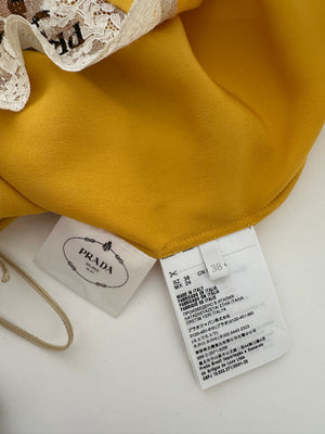 Prada Yellow Satin Mini Slip Dress with White Lace Insert and Black Prada Logo Size IT 38 (UK 6)
