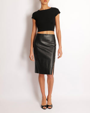 Jitrois Black Lambskin Leather Midi Skirt with Silver Stud Embellished Side Slit Detail Size FR 40 (UK 12)