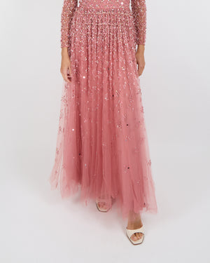 Valentino Pink Tulle Long Sleeved Gown with Crystal and Flower Embellishments Size IT 38 (UK 6)