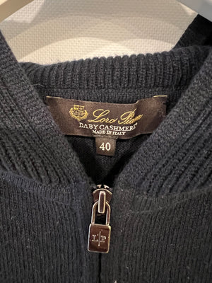 Loro Piana Navy Baby Cashmere Ribbed Long-Sleeved Hooded Gilet with Mushrooms and Fox Print Size IT 40 (UK 8)
